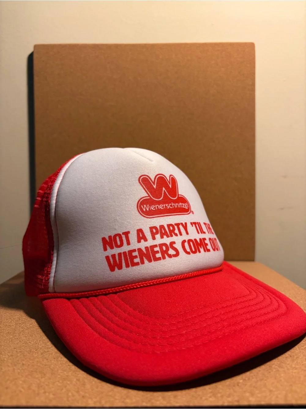 Wienersnitzel: Red & White Trucker Hat - 'Not a Party 'Til the Wieners Come Out'